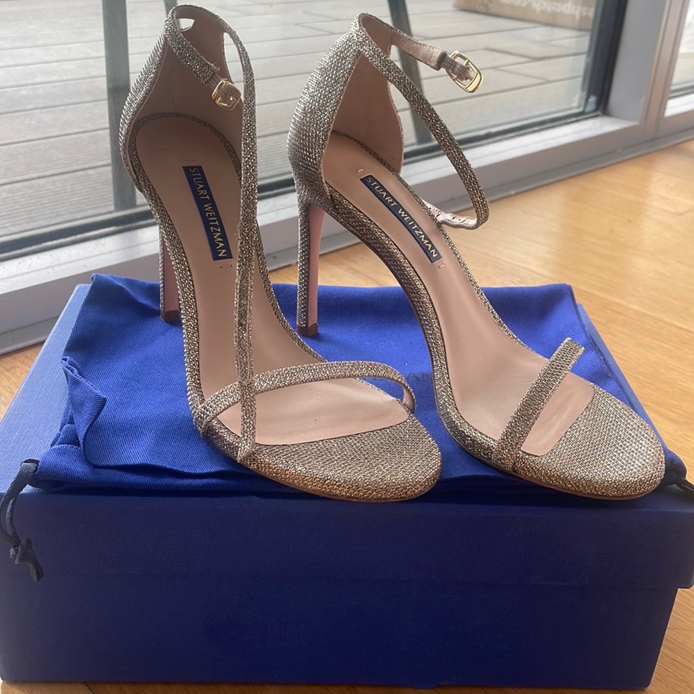 Stuart Weitzman Nudistcurve Shimmery Ankle-Strap Sandals- 6